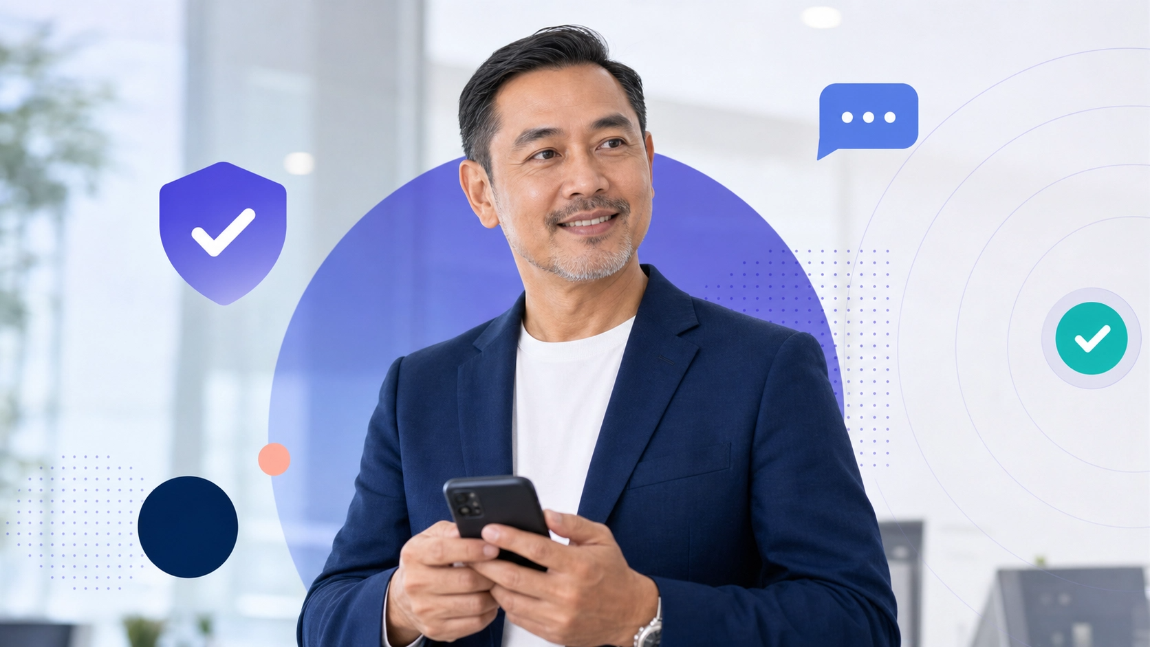 Filipino business professional using a smartphone with abstract compliance and messaging symbols