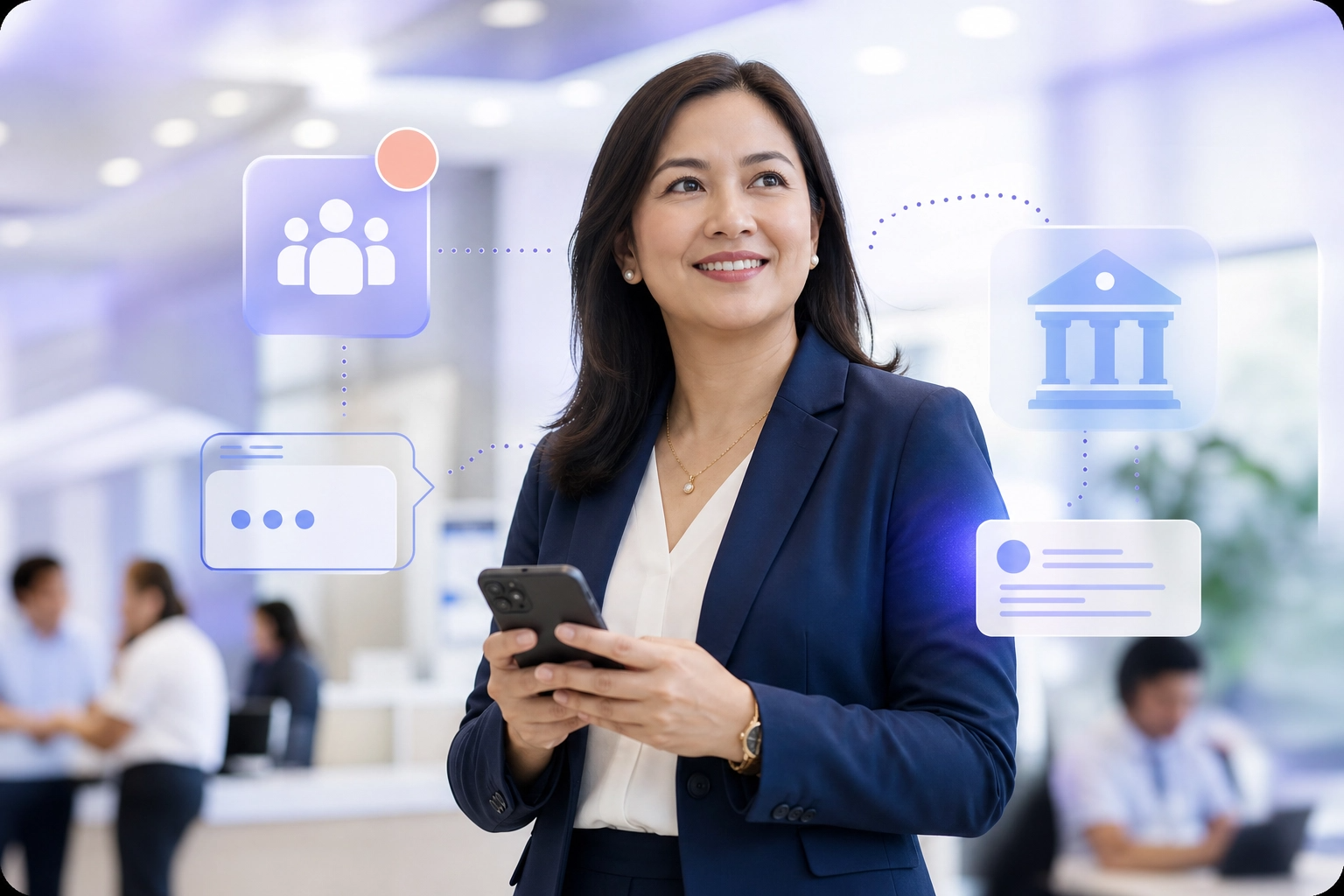 Filipina public-sector professional using a smartphone with civic messaging symbols